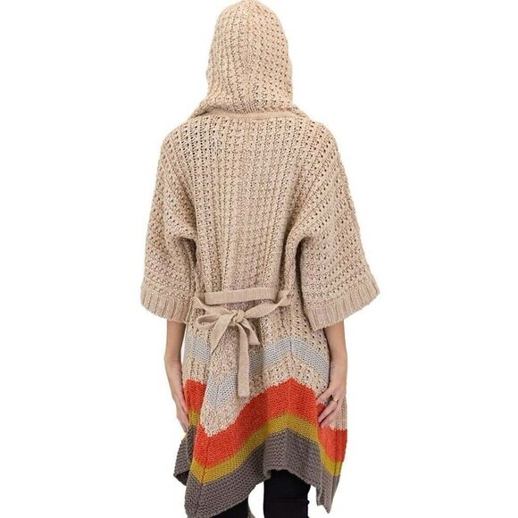 Vertigo Hooded Cardigan Womens Small Colorblock Tan Weekend Crochet Sweater Coat - Picture 4 of 13